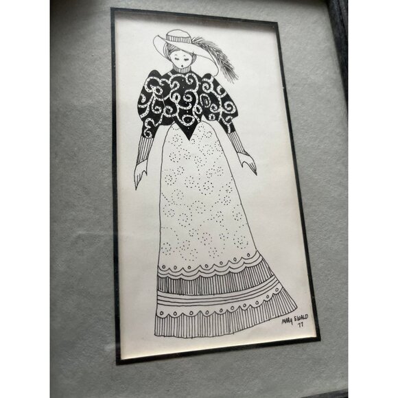 Vtg 1970's Detroit Artist Mary Ewald Pen And Ink Art Female Elegantly Dressed - Picture 4 of 6